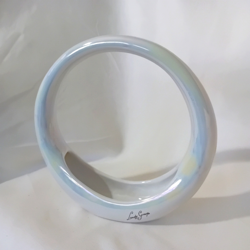 Vintage Irridescent White Lady Grace Ceramic Ring Vase Planter